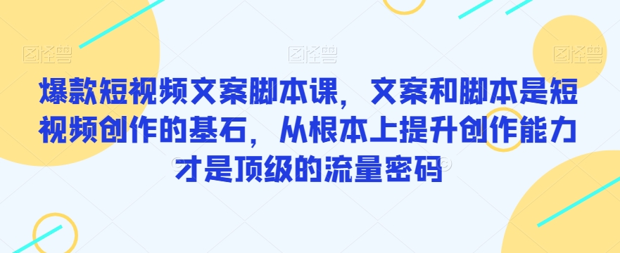 爆款短视频文案脚本课，文案和脚本是短视频创作的基石，从根本上提升创作能力才是顶级的流量密码-三石淘金网
