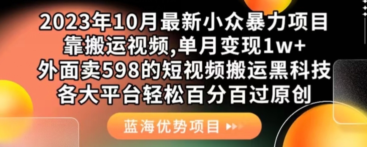 2023年10月最新小众暴力项目，靠搬运视频,单月变现1w+，外面卖598的短视频搬运黑科技，各大平台轻松百分百过原创-三石资源库