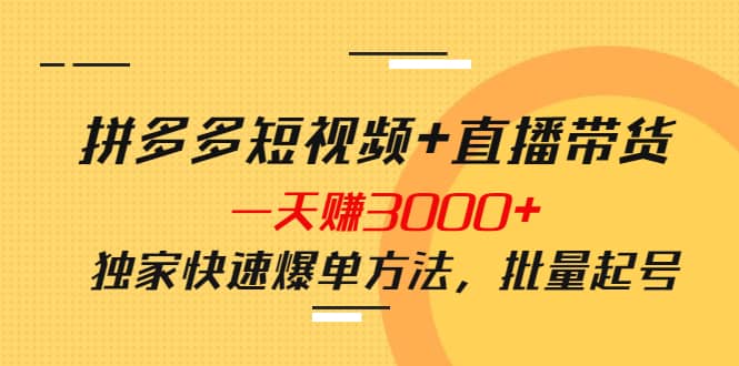 拼多多短视频+直播带货，一天赚3000+独家快速爆单方法，批量起号-三石资源库
