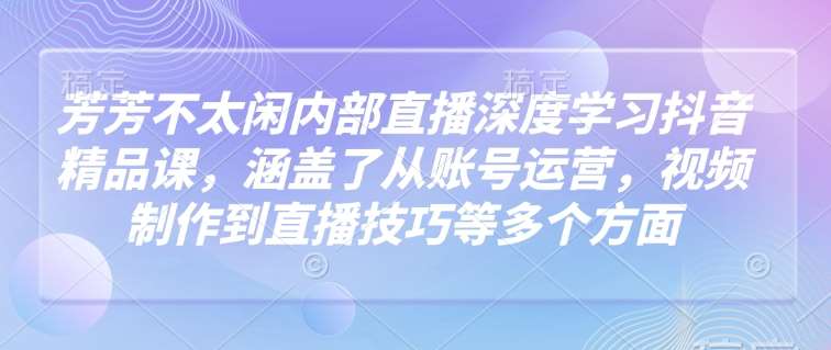 芳芳不太闲内部直播深度学习抖音精品课，涵盖了从账号运营，视频制作到直播技巧等多个方面-三石资源库