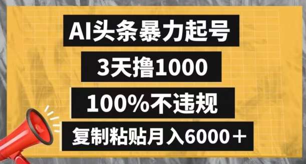 AI头条暴力起号，3天撸1000,100%不违规，复制粘贴月入6000＋【揭秘】-三石资源库