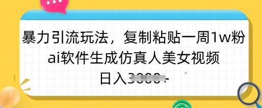 暴力引流玩法，复制粘贴一周1w粉，ai软件生成仿真人美女视频，日入多张-三石资源库