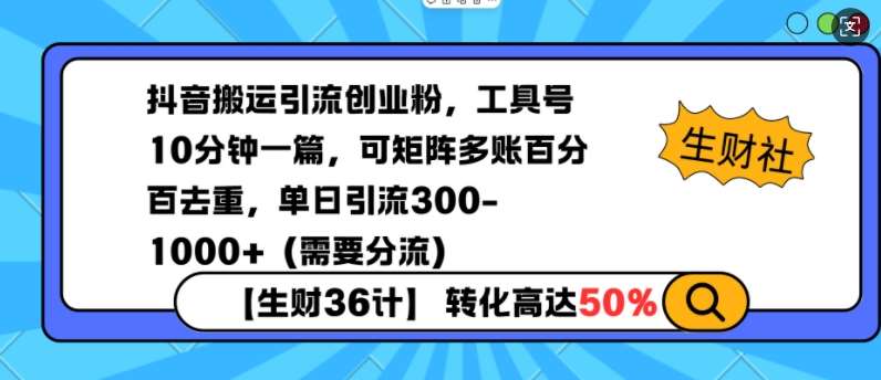 抖音搬运引流创业粉，工具号10分钟一篇，可矩阵多账百分百去重，单日引流300+（需要分流）-三石资源库