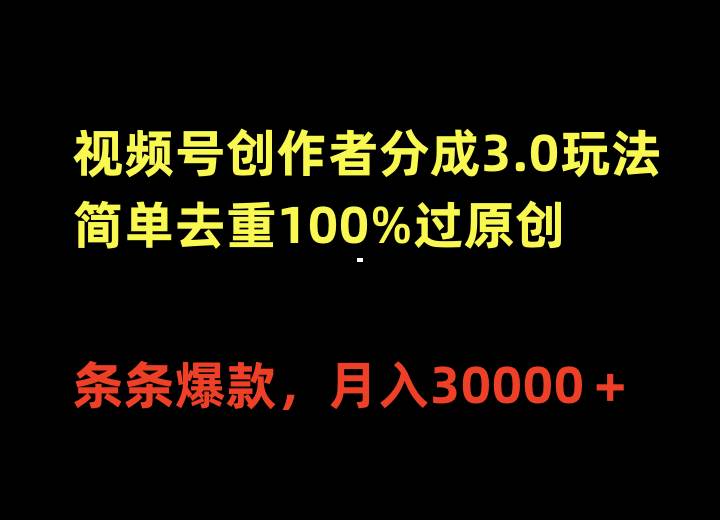 （10002期）视频号创作者分成3.0玩法，简单去重100%过原创，条条爆款，月入30000＋-三石资源库