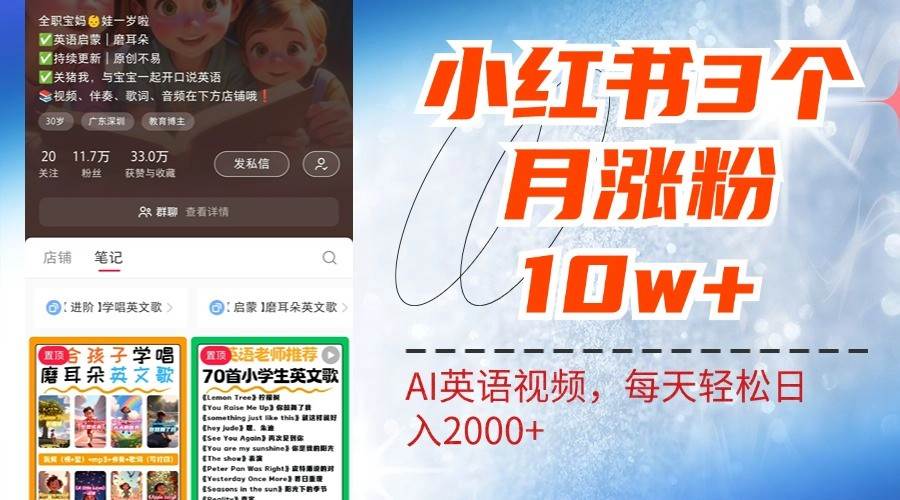小红书三个月涨粉10W，AI英语视频0成本制作，每天轻松日入2000+-三石资源库
