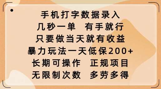 手机打字数据录入，几秒一单，有手就行，只要做当天就有收益，暴力玩法一天低保2张-三石资源库