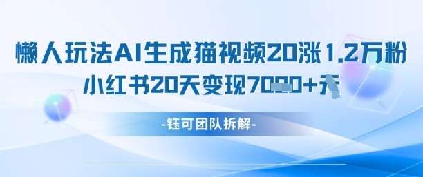 懒人玩法AI生成猫咪图片视频，20涨1.2W万粉，小红书商单20天变现7k-三石资源库