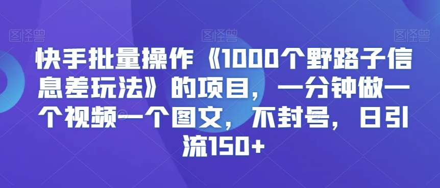 快手批量操作《1000个野路子信息差玩法》的项目，一分钟做一个视频一个图文，不封号，日引流150+【揭秘】-三石资源库