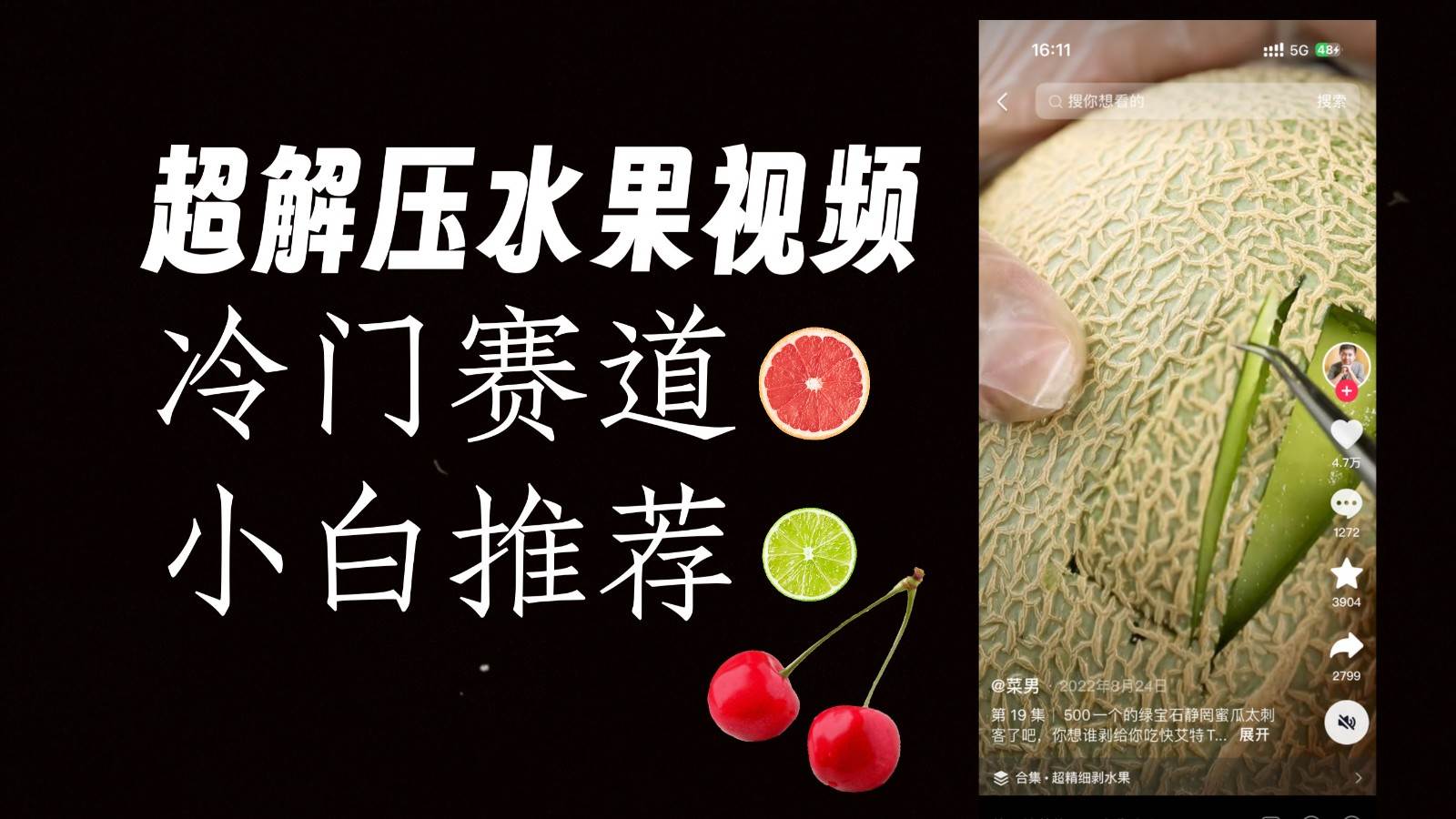 冷门赛道水果解压视频，方法自创，单日变现1000加，简单复制操作，小白必入-三石淘金网
