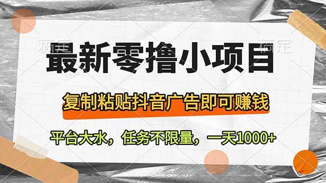 （14230期）最新零撸小项目，复制粘贴抖音广告即可赚钱，平台大水，任务不限量，一…-三石淘金网