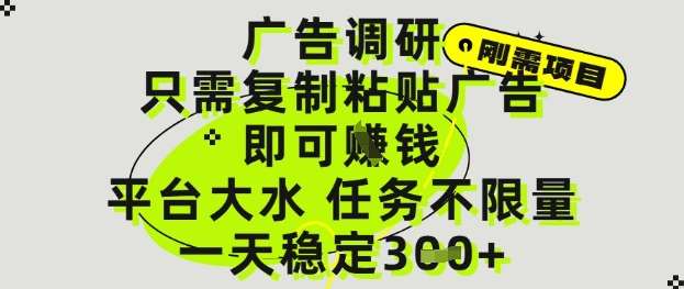 广告调研项目，只需复制粘贴广告即可挣钱，平台大水，任务不限量，一天3张【揭秘】-三石资源库