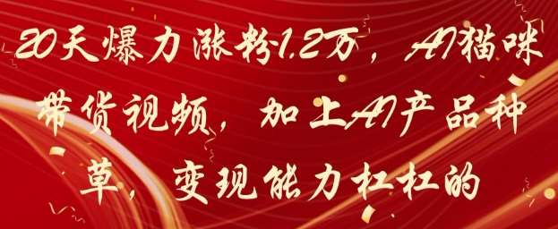 20天爆力涨粉1.2W，AI猫咪带货视频，加上AI产品种草，变现能力杠杠的-三石资源库
