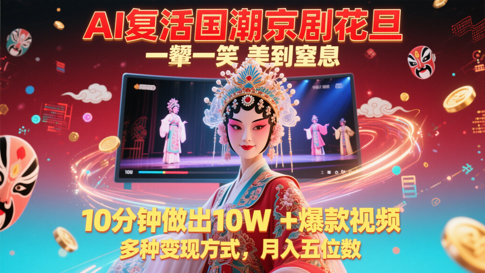 AI复活国潮京剧花旦，一颦一笑美到窒息，10分钟做出10W+爆款视频，多种变现方式-三石资源库