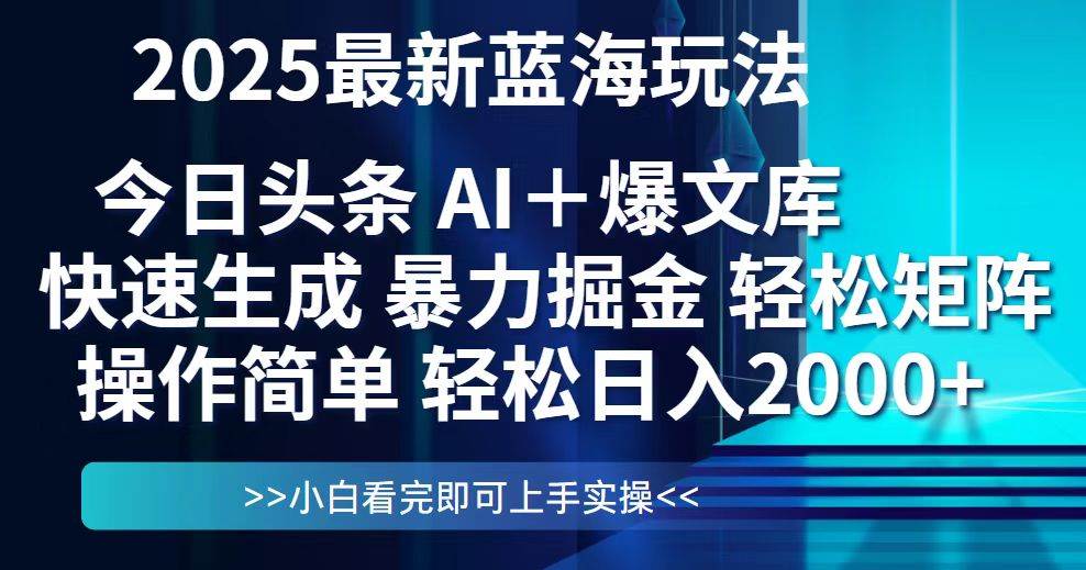 （14805期）今日头条2025最新蓝海玩法，思路简单，复制粘贴，轻松实现矩阵日入2000+-三石资源库