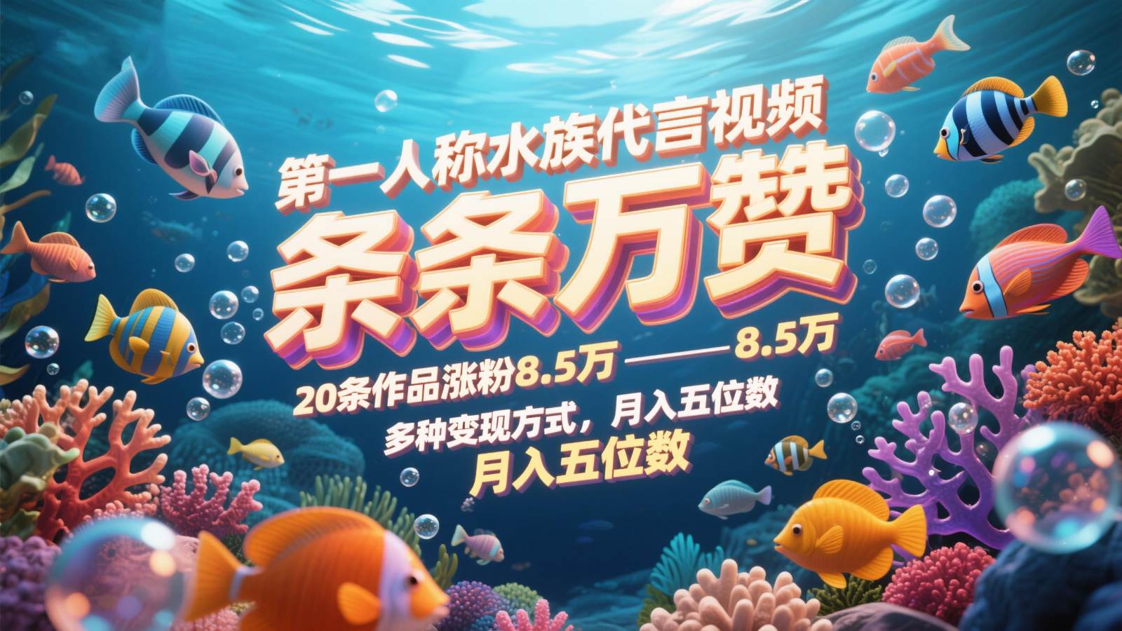 第一人称水族代言视频，条条万赞，20条作品涨粉8.5万，多种变现方式月，入五位数-三石淘金网