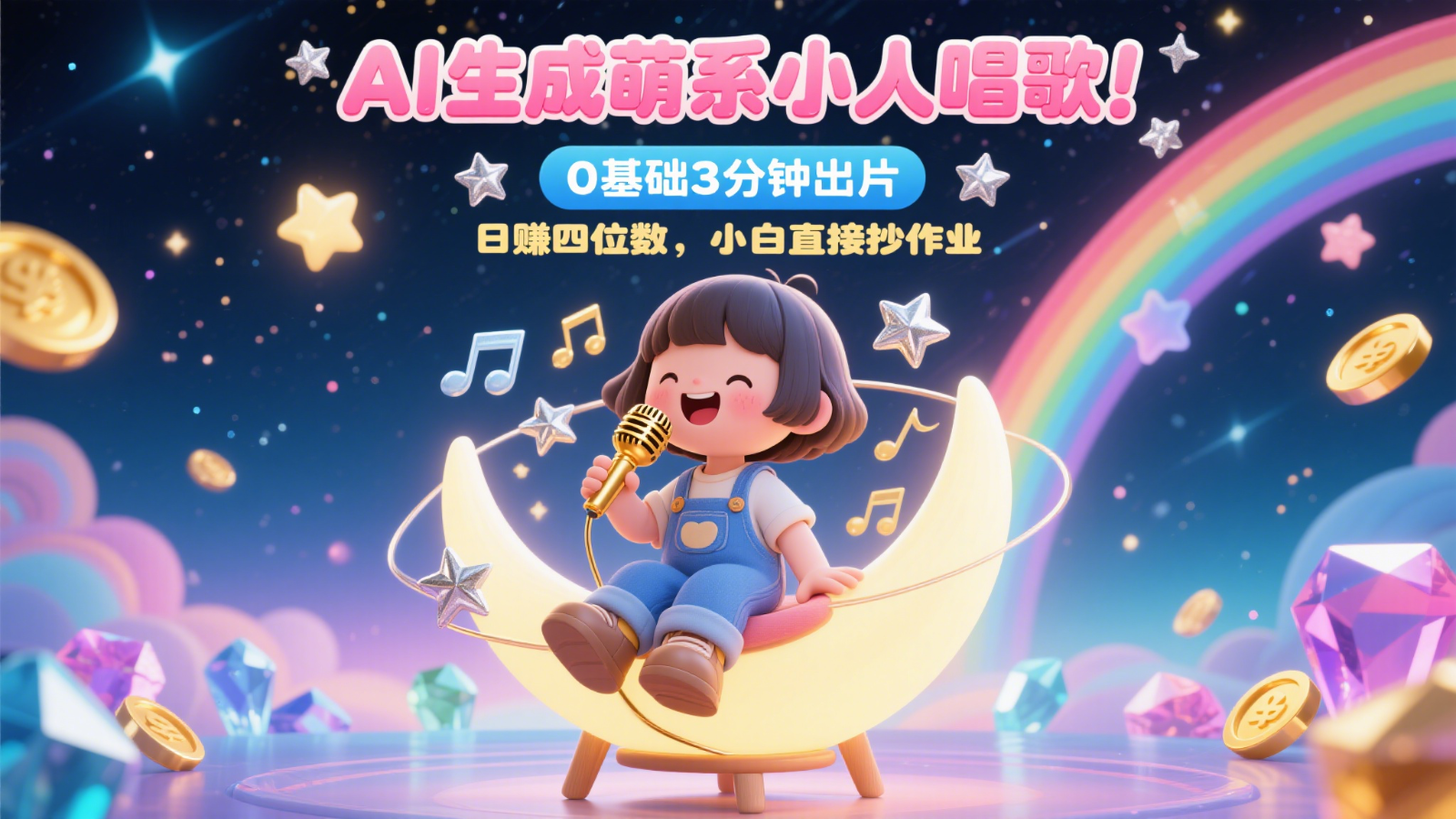 AI生成萌系小人唱歌！0基础3分钟出片，28个作品涨粉9万，日赚四位数，小白直接抄作业-三石资源库