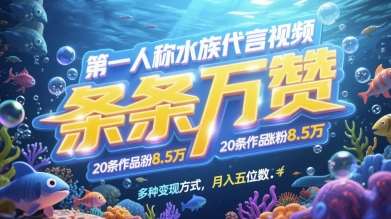 第一人称水族代言视频，条条万赞，20条作品涨粉7.8W，多种变现方式月入五位数-三石资源库