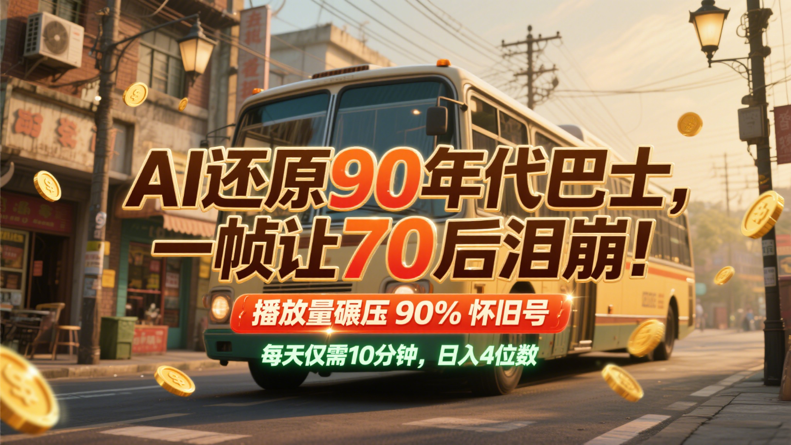 AI还原90年代巴士，一帧让70后泪崩！播放量碾压90%怀旧号，每天10分钟，日入4位数-三石资源库