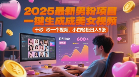 2025最新男粉项目，一键生成美女视频，日引600+色粉 十秒一个视频，小白轻松日入5张【揭秘】-三石资源库