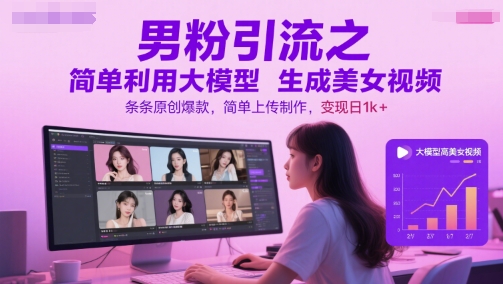 男粉引流之简单利用大模型生成美女视频，条条原创爆款，简单上传制作，变现日1k+-三石资源库