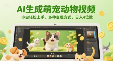 AI生成萌宠动物视频，小白轻松上手，多种变现方式，日入4位数-三石资源库