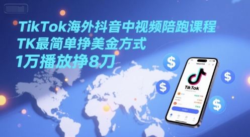 TikTok海外抖音中视频陪跑课程，TK最简单挣美金方式，1万播放挣8刀-三石资源库