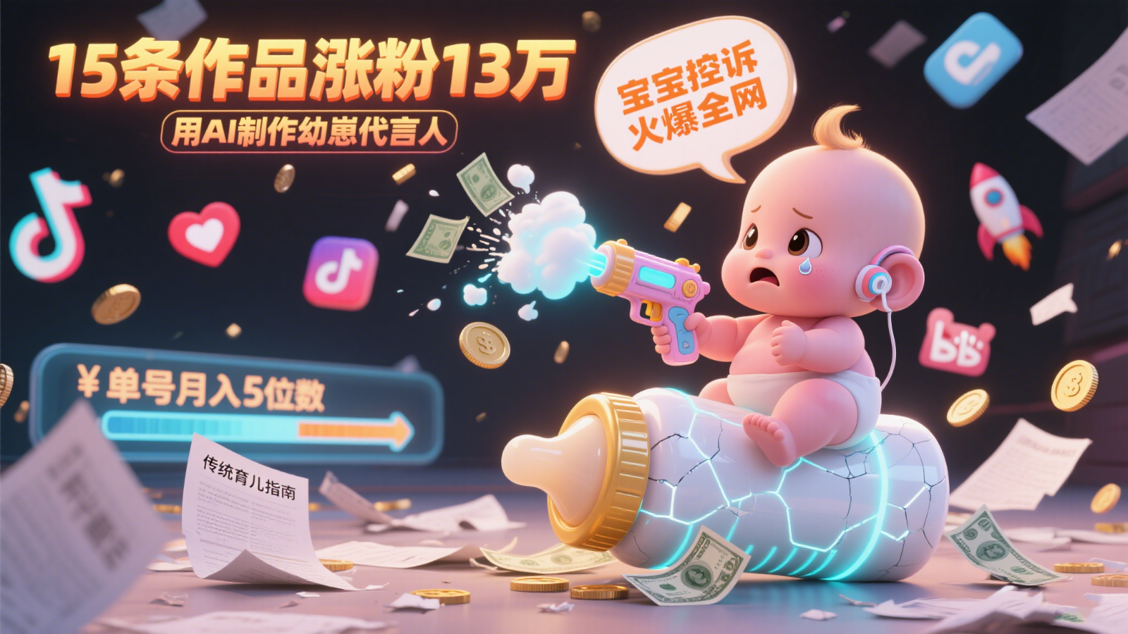 用AI制作幼崽代言人，宝宝的控诉火爆全网，15条作品涨粉13万，单号月入5位数实操教程-三石资源库