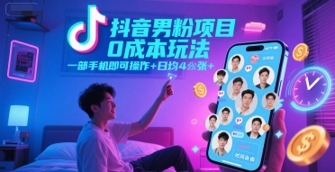 抖音男粉项目0成本玩法，一部手机即可操作，日均4张+，时间自由-三石资源库