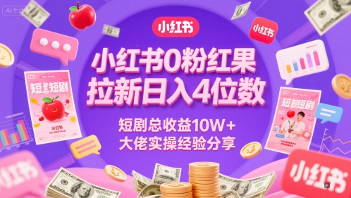 小红书0粉红果短剧拉新日入4位，数短剧总收益10W+大佬实操经验分享-三石资源库