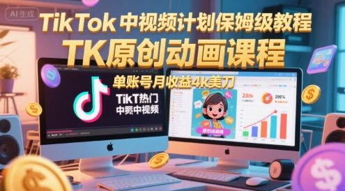 TikTok中视频计划保姆级教程，TK原创动画课程，单账号月收益4k美刀-三石资源库
