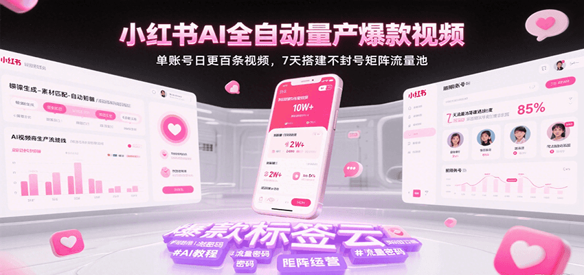小红书AI全自动量产爆款视频，单账号日更百条视频，7天搭建不封号矩阵流量池-三石资源库