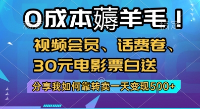 0成本薅羊毛!视频会员、话费卷、30元电影票白送，分享我如何靠转卖一天变现5张+【揭秘】-三石资源库