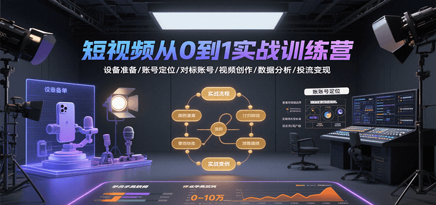 短视频从0到1实战训练营：设备准备/账号定位/对标账号/视频创作/数据分析/投流变现-三石资源库
