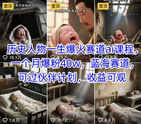 历史人物一生爆火赛道ai课程，一个月爆粉40w，蓝海赛道，可过伙伴计划，收益可观-三石资源库