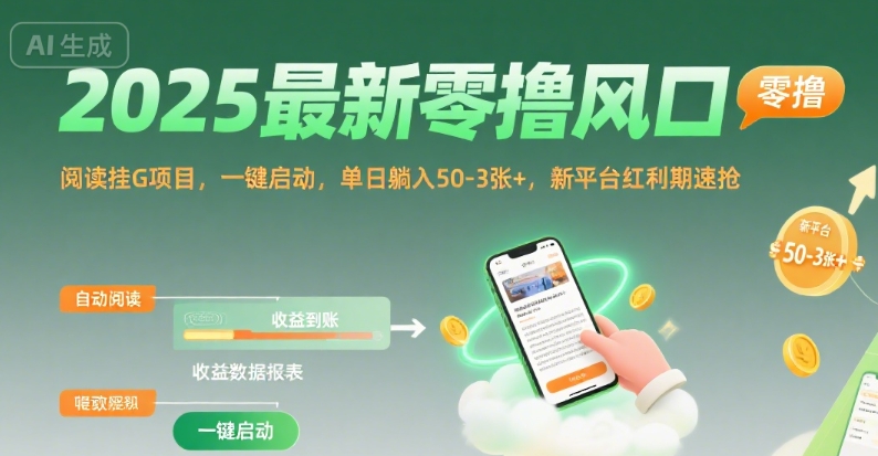 2025最新零撸风口，阅读挂G项目，一键启动，单日躺入 50-3张+，新平台红利期速抢【揭秘】-三石资源库