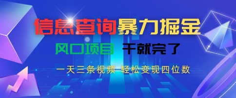 信息查询暴力掘金，一天三条视频，轻松变现四位数，风口项目干就完了【揭秘】-三石资源库