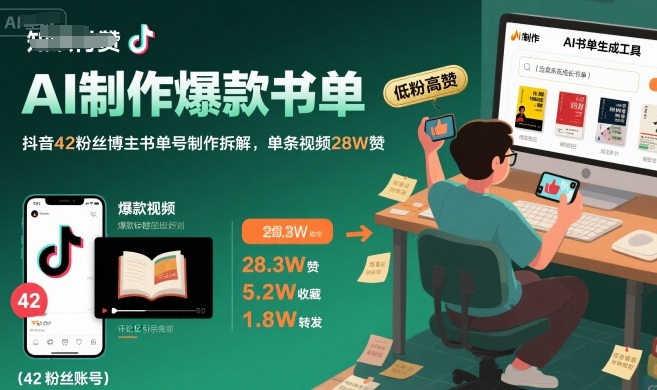 AI制作爆款书单，抖音42粉丝博主书单号制作拆解，单条视频28W赞-三石资源库