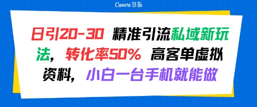 日引 20-30 精准引流私域新玩法，转化率50% 高客单虚拟资料，小白一台手机就能做-三石资源库