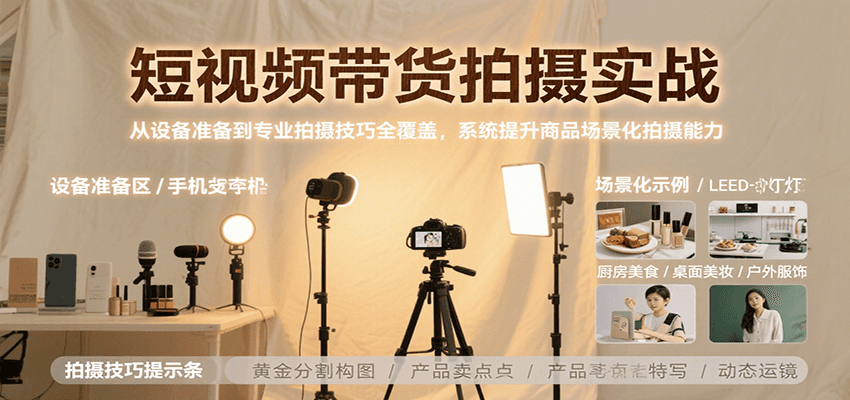 短视频带货拍摄实战，从设备准备到专业拍摄技巧全覆盖，系统提升商品场景化拍摄能力-三石资源库