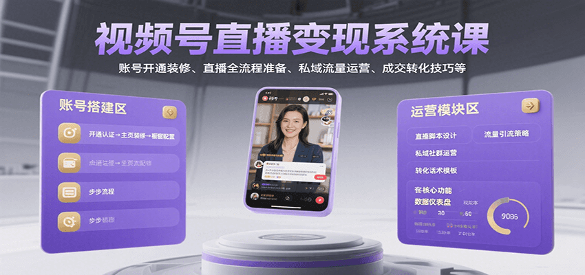 视频号直播变现系统课,账号开通装修、直播全流程准备、私域流量运营、成交转化技巧等-三石资源库