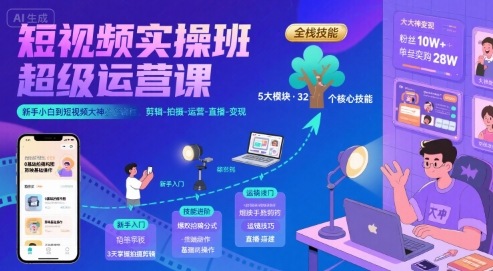短视频实操班超级运营课，新手小白到短视频大神必修课程，剪辑-拍摄-运营-直播-变现-三石资源库