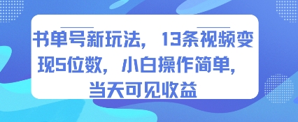 书单号新玩法，13条视频变现5位数，小白操作简单，当天可见收益-三石资源库