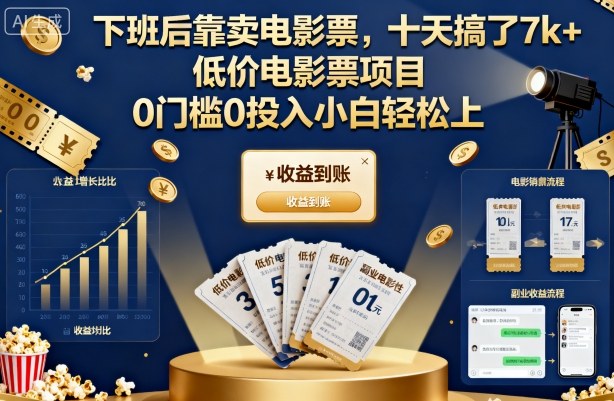 下班后靠卖电影票,十天搞了7k+,低价电影票项目,0门槛0投入小白轻松上手【揭秘】-三石资源库