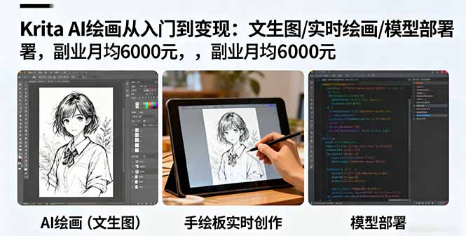 (16222期)Krita AI绘画从入门到变现:文生图/实时绘画/模型部署,副业月均6000元-三石资源库