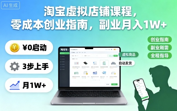 淘宝虚拟店铺课程,零成本创业指南,副业月入1W+-三石资源库