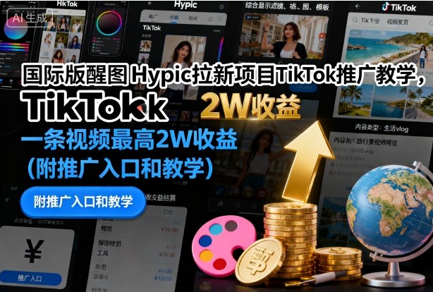 国际版醒图Hypic拉新项目TikTok推广教学,一条视频最高2W收益(附推广入口和教学)-三石资源库