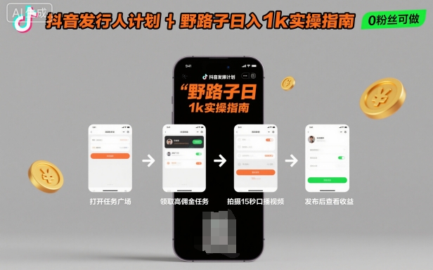 抖音发行人计划全新野路子玩法，随时随地，只要有手机，就能操作，日入1k+【揭秘】-三石资源库