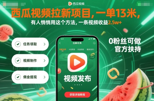 西瓜视频拉新项目，一单13米，有人悄悄用这个方法，一条视频收益2.5w+（附详细教程）-三石资源库