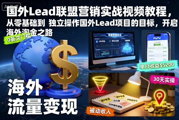 国外Lead联盟营销实战视频教程，从零基础到独立操作国外Lead项目的目标，开启海外淘金之路-三石资源库