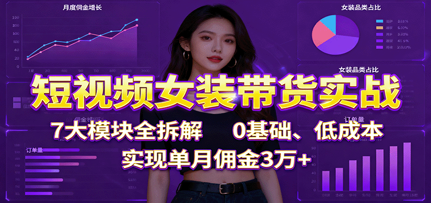 短视频女装带货实战:7大模块全拆解,0基础、低成本,实现单月佣金3万+-三石资源库
